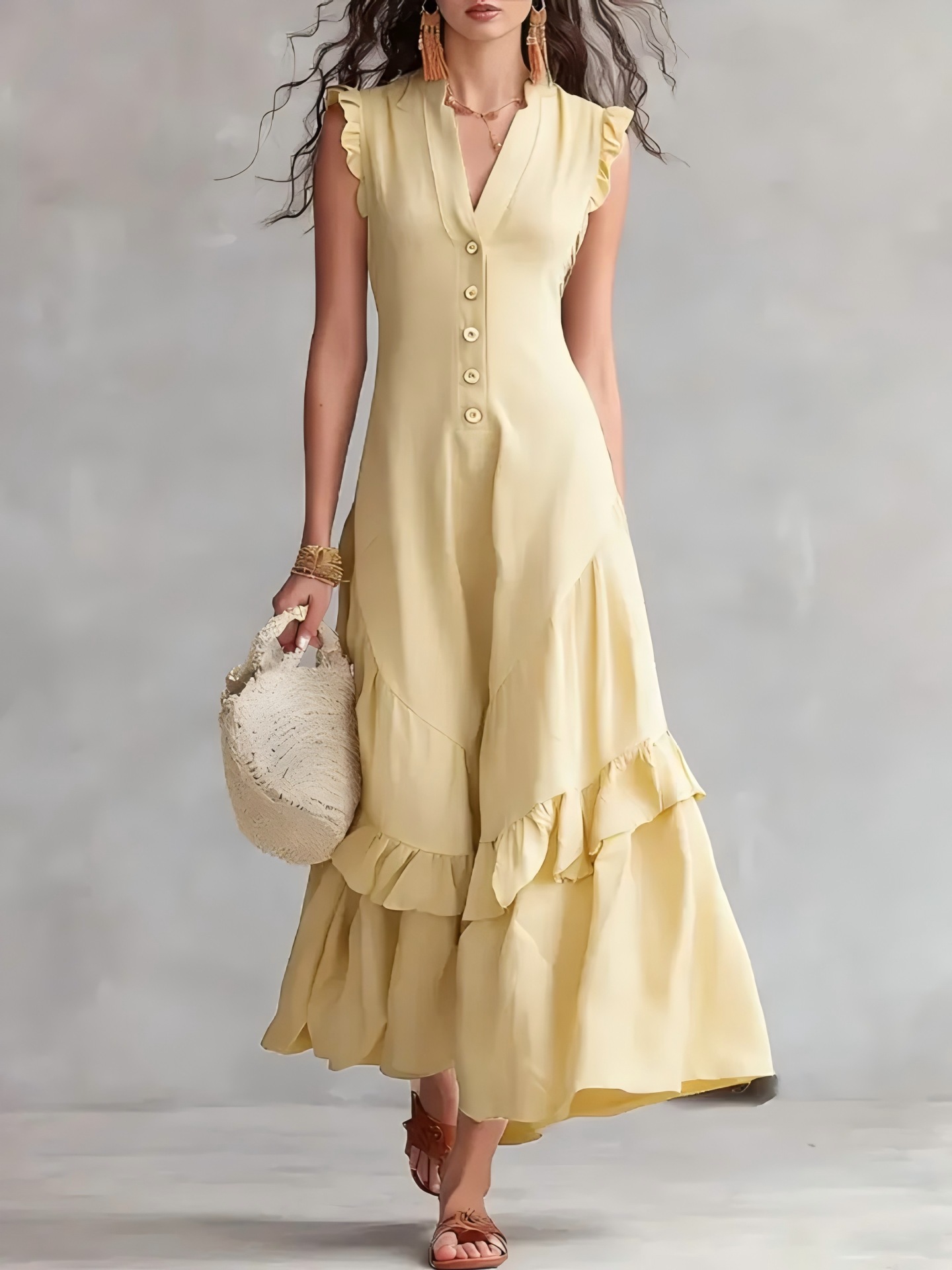 Boho Flowy Sleeveless Maxi Dress V-Neck Button-Front Ruffle Hem A-Line Skirt